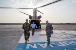 On his recent trip to Southwest Asia, Director/CEO Tom Shull joined Europe Commander Col. Geoffrey DeTingo, left, and Senior Enlisted Advisor Chief Master Sgt. Sean Applegate to visit with associates and deployed troops. 