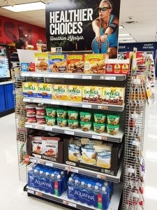 An Express endcap stocked with better-for-you choices.