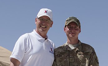 Gino Rakas (left), Army and Air Force Exchange Service services business program specialist for Europe, Southwest Asia and Africa; and Airman 1st Class Alexander Rakas, 332nd Expeditionary Maintenance Squadron munition system specialist, pose for a photo at an undisclosed location in Southwest Asia March 21, 2018. Alexander, who is stationed at Seymour Johnson Air Force Base, North Carolina, has been deployed for six months and was able to meet with his father when Gino visited on business for AAFES. (U.S. Air Force photo by Senior Airman Krystal Wright)