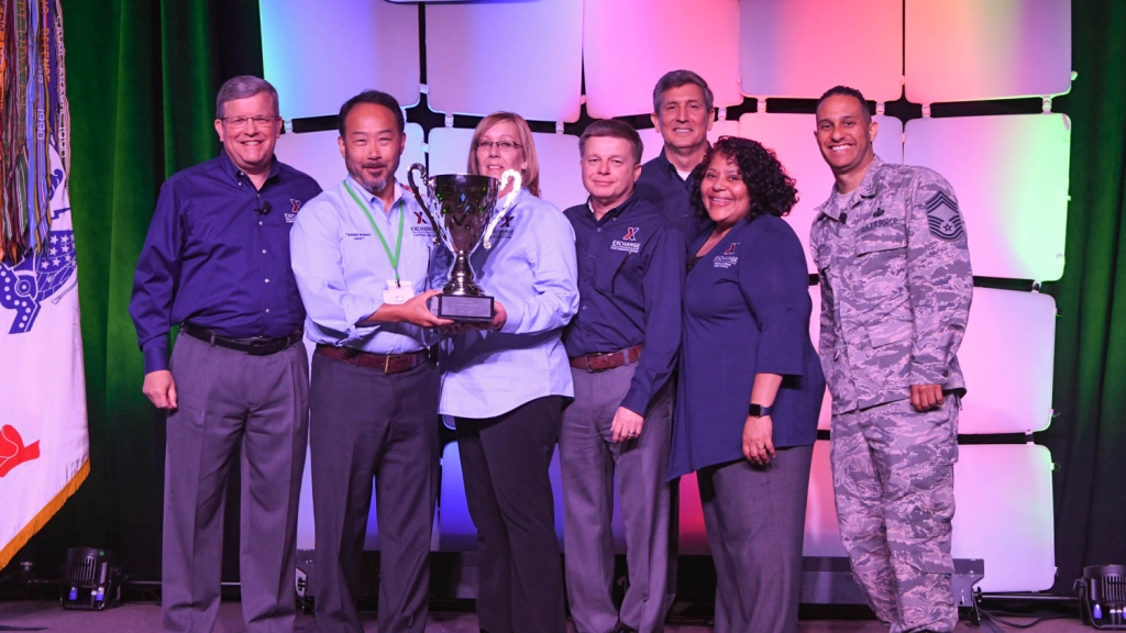 Offutt AFB, awarded the Director/CEO Cup in the Small category. Pictured (left to right): Director/CEO Tom Shull; Offutt Exchange General Manager Jerry Shugart; Main Store Manager Patricia Griffin; Chief Operating Officer Dave Nelson; Chief Administrative Officer Phil Stevens; President Ana Middleton; and Chief Master Sgt. Luis Reyes.