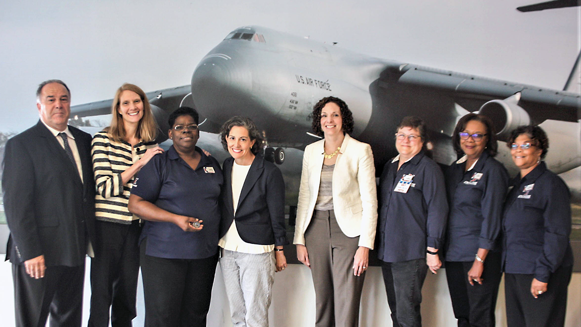 Left to right, Teo Smith, Exchange general manager; Julie Blanks, Principal Director for Military Community and Family Policy; Barbara Taylor – Dover AFB Military Clothing Store Manager; Ann Thomas Johnston, Deputy Assistant Secretary of Defense for Military Community and Family Policy; Karin Orvis, Director, Transition to Veterans Program Office; Exchange department managers Lisa Cain, Yvette Copeland and Yvette Russell.