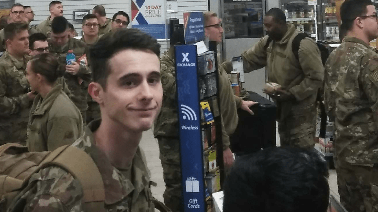 Troops, whose plane was stranded on the tarmac, come in from out of the cold to the Express for food and drinks.