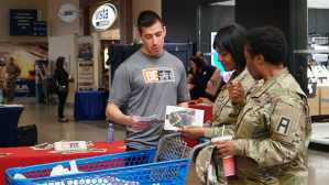 BE FIT Ambassador Roy Montez presents health and wellness information to Exchange shoppers.