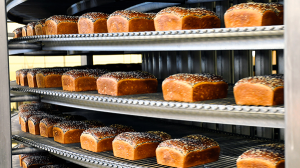 Loaves of bread on rotating shelf in Exchange bakery.