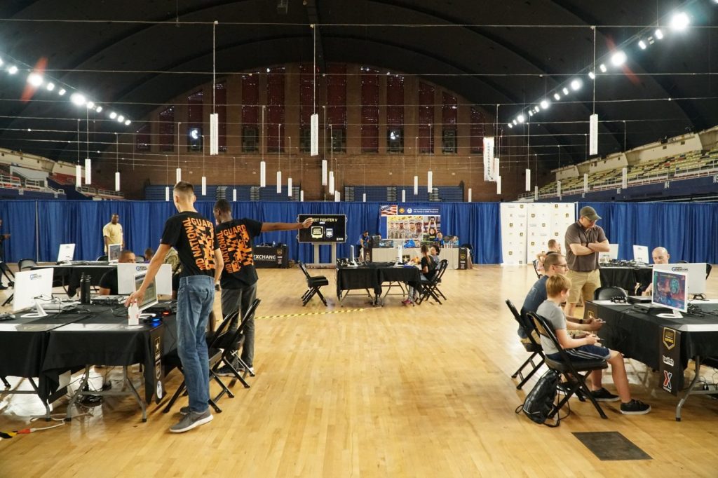 Army National Guard Soldiers set up the DC Armory for the Road to Twitchcon event