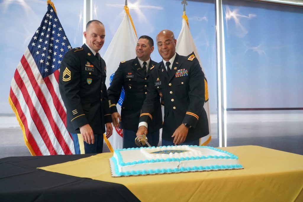 Sgt. 1st Class Tim Meyer, Col. Collin Fortier and Lt. Col. Joseph Batiste cut the cake at the Army & Air Force Exchange Service’s Army birthday celebration June 14 at Exchange headquarters. The Exchange honored the sacrifices and innovation of Soldiers past, present and future in commemoration of the Army’s 244th year. 