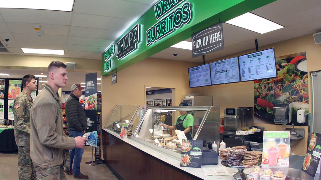 Quick-service restaurants, like this one at Fort Sill, Okla., are giving Express customers many more choices beside candy bars and soft drinks.