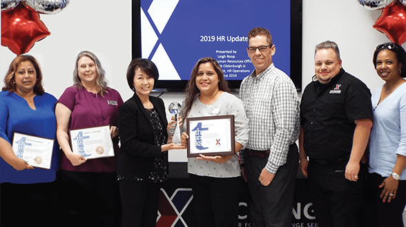 Fort Campbell's HR Office was judged the best of the best for accomplishments in 2018. Left to right, HR Assistants Noriliz Del Rio Rogers and Kimberly Leipheimer; EVP and Chief HR Officer Leigh Roop; Fort Campbell HR Manager Cecilia Luna; Dr. Patrick Oldenburgh, Vice President HR Operations; Regional HR Manager Richard Mora; and Central Region Senior Vice President Marla Smith.