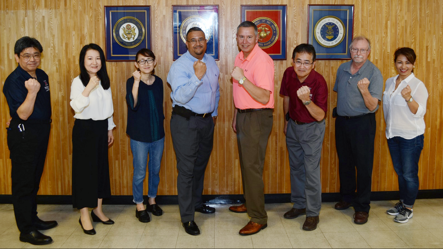 Left to right, Kiyoshi Gushiken, Exchange accountant; Hiroko Tomiyasu and Junko Kyan, Exchange administrative specialists; Jonah Thomas, Exchange Pacific Region fleet manager; Stephen Hendren, USTRANSCOM logistics management specialist; Mutsuki Ogawa, Exchange administrative specialist; David Murch, Telesto architect; and Ikuko Thomas, Exchange voucher examiner, visit the Okinawa DC. 