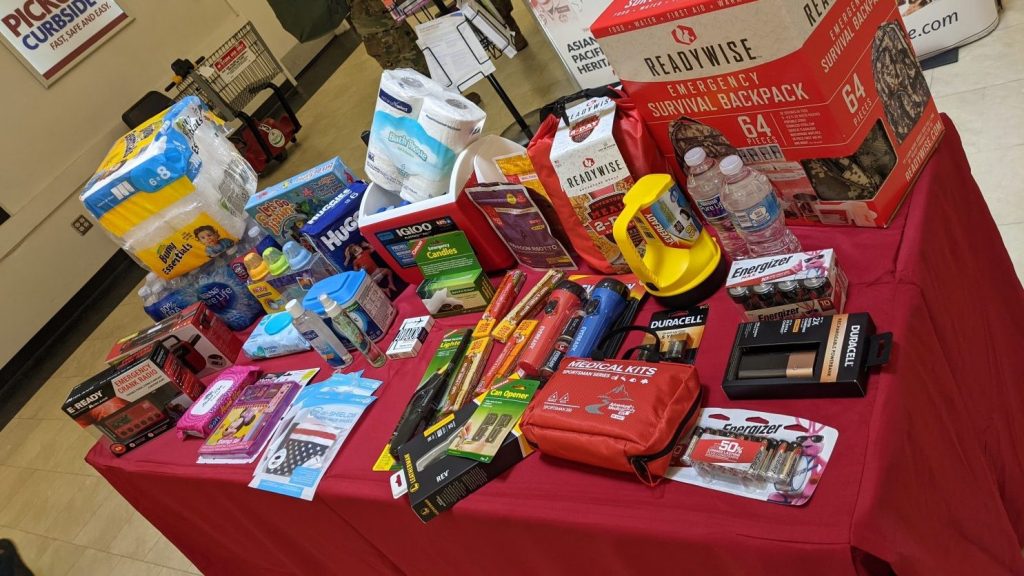 The Exchange at Keesler Air Force Base, Mississippi, reminds shoppers what items are helpful to have during hurricane season with a display in the shopping center mall area.