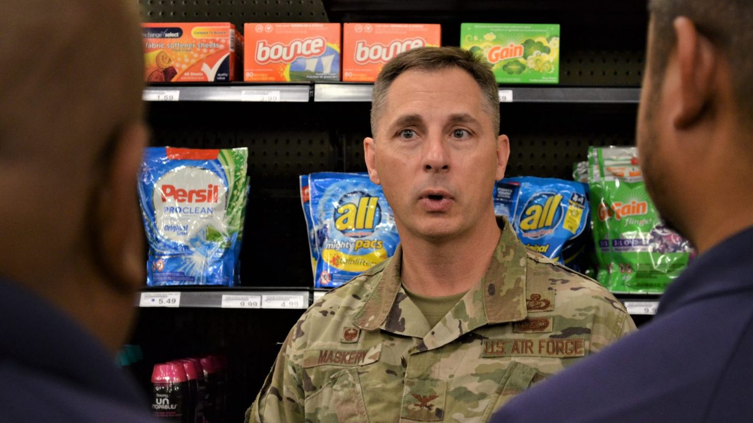 Col. Scott Maskery, AAFES Pacific Region commander, talks to associates at the Saipan Express about annual goals, customer engagement, and thanked them for their hard work and dedication while serving the U.S. military and the island’s Veteran community during his site visit to Guam and Saipan in February 2020. (U.S. Army Photo by Staff Sgt. Mark A. Kauffman)