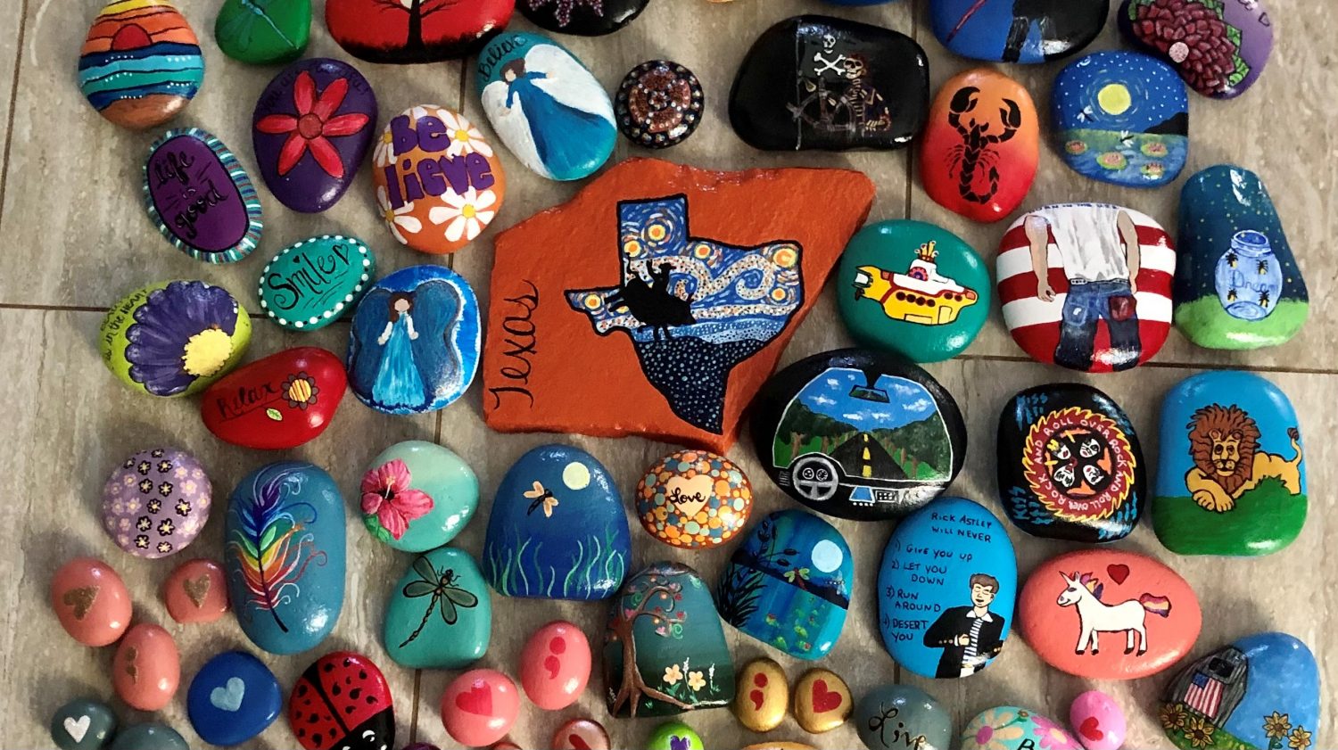 Mike and Jessica Domingos' contribution to the Joshua York Foundation's Guinness World Record-setting display of painted rocks in one place.