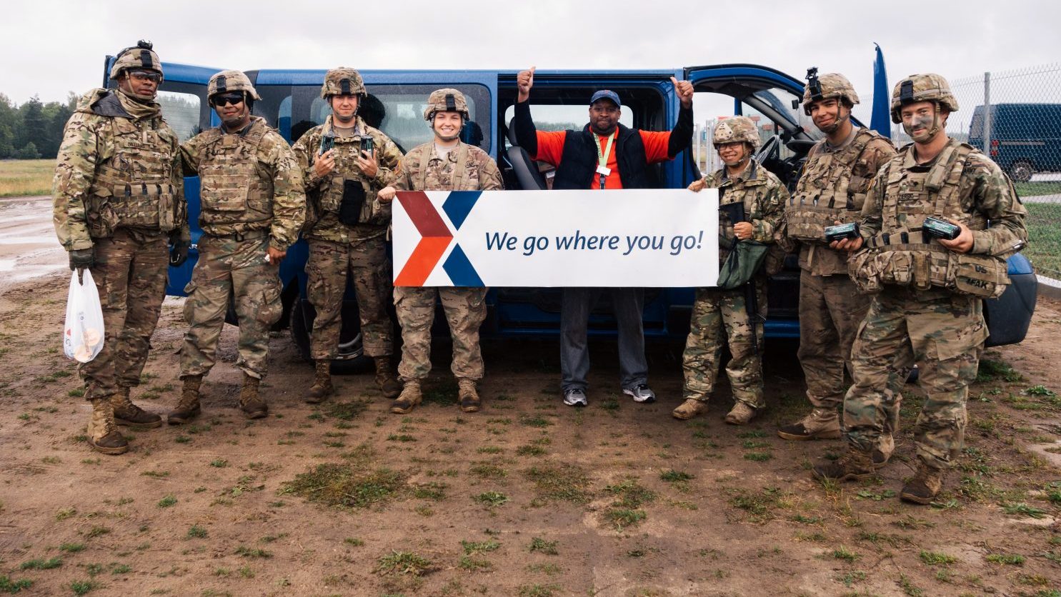 Troops serving in Poland during Anakonda 16 exercises in 2016 display the Exchange's motto. 