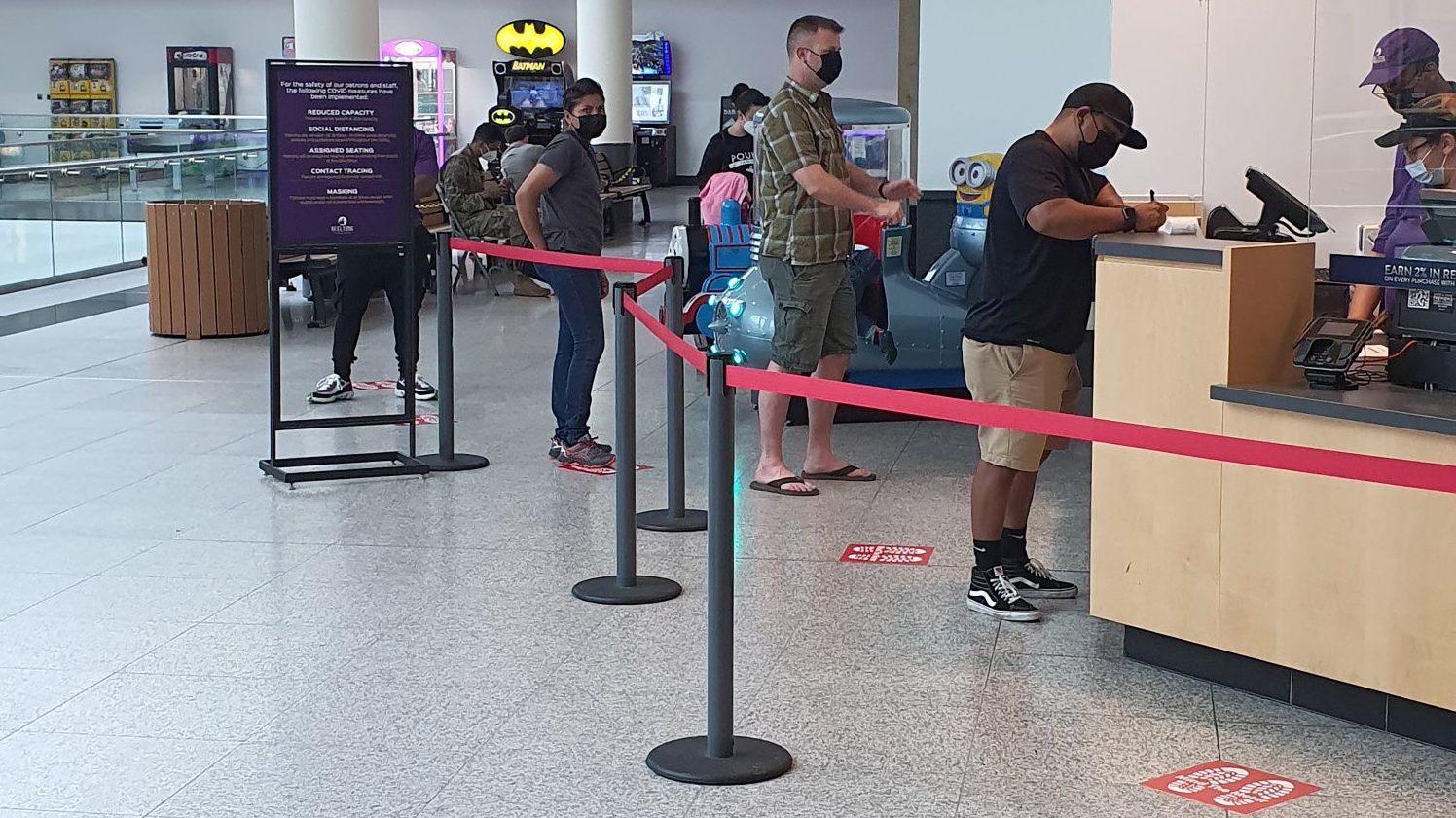 <strong>Customers stand in line at the Kaiserslautern Military Community Center Exchange Reel Time Theater June 25, 2021, waiting to buy their first movie ticket since the theater’s closure due to the COVID-19 pandemic at Ramstein Air Base, Germany. (Courtesy photo)</strong>