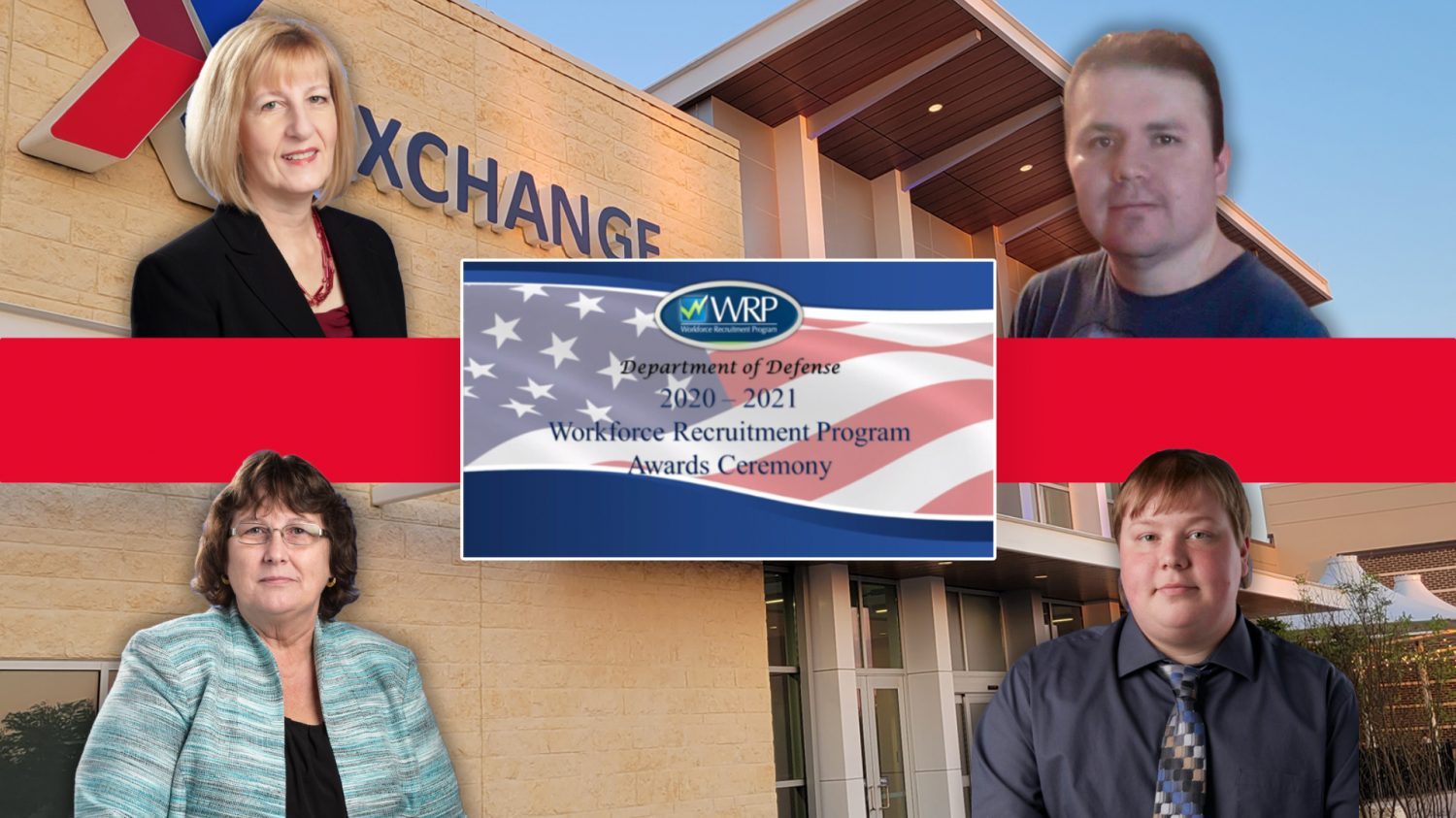 Exchange 2020-2021 DoD Workforce Recruitment Program (WRP) Awards winners, clockwise from top left: Bee Persaud, EEODI specialist; Mike Steier, IT intern; Jordan Prasifka, IT data analyst; and Valerie Wagoner, associate EEODI officer.