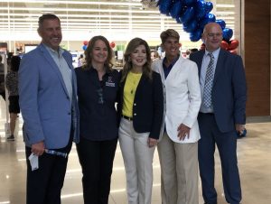 From left, Real Estate Senior Vice President Mike Smietana, West Central Region Vice President Stephanie Burns, Services and Food Senior Vice President Trini Saucedo, East Central Region Vice President Beth Goodman-Bluhm and Chief Operating Officer Jason Rosenberg at the new Joint Base San Antonio-Fort Sam Houston Exchange shopping center’s April 15 grand opening.