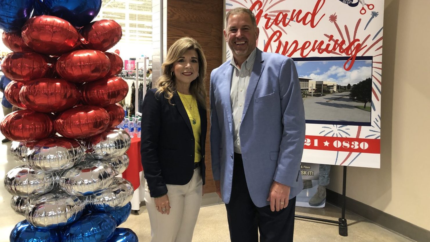 Trini Saucedo, Senior Vice President of Services and Food, with Mike Smietana, Senior Vice President of Real Estate, at the April 15 grand opening of the new $54 million Joint Base San Antonio-Fort Sam Houston Exchange shopping center.