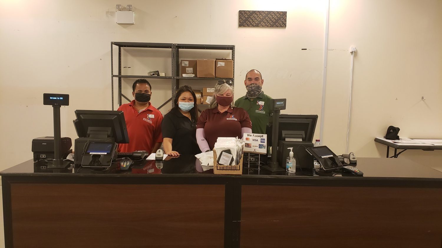 <strong>From left, Shift Manager Rai Suk Bahadur, Shift Manager Mary Ann Rosita, General Manager Desiree Miller and Store Manager Emmanuel De Castro reopened the Camp As Sayliyah Exchange in Qatar on Sept. 4.