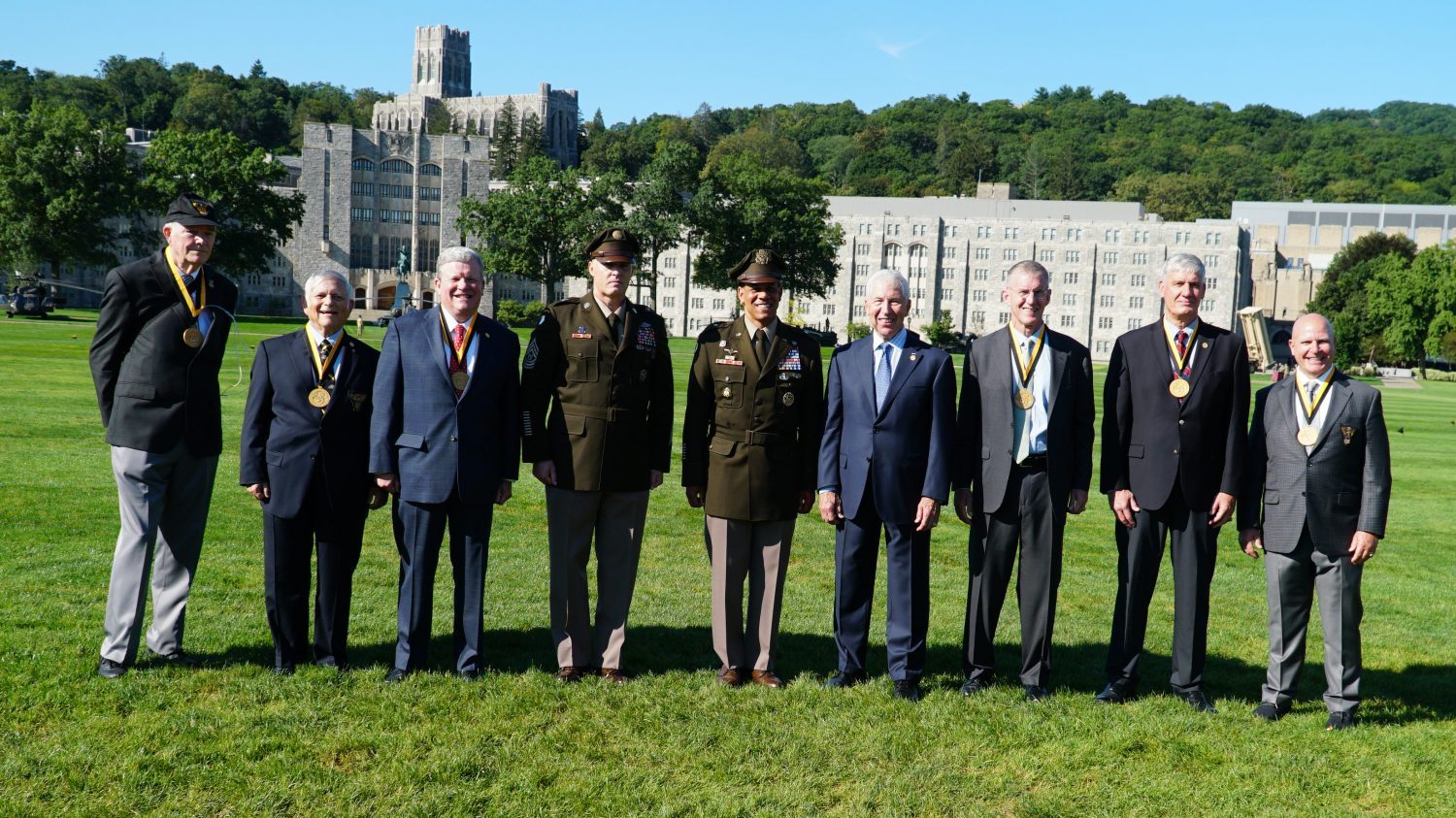 <strong>Army & Air Force Exchange Service Director/CEO Tom Shull, U.S. Military Academy Class of 1973, received the 2021 Distinguished Graduate Award on Sept. 11 at West Point. He was honored by USMA leadership alongside fellow 2021 Distinguished Graduates. From left:  the Honorable Michael Wynne;  COL(R) Randall Pais; GEN(R); Shull; BG Mark Quander, 79th Commandant, U.S. Corps of Cadets; LTG Darryl Williams, 60th Superintendent, USMA; Stanley McChrystal; GEN(R) David Rodriguez; and LTG(R) H.R. McMaster Jr.</strong>