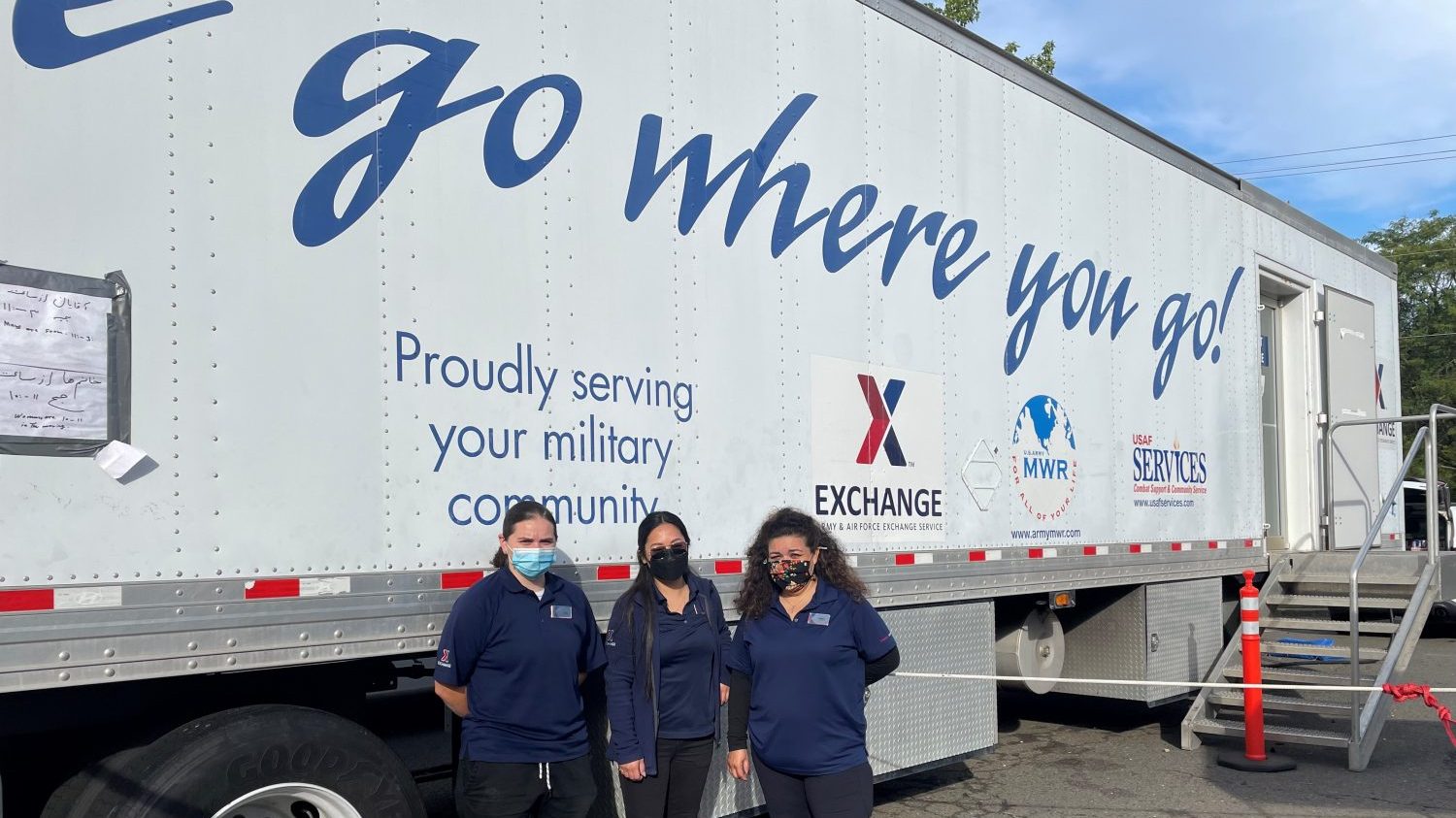 From left, Exchange associates Melissa La Voie-Deguire (Joint Base McGuire-Dix-Lakehurst Exchange) and Jessica Torres (TDY from Fort Hamilton) replenish merchandise at one of the two mobile field Exchanges serving Afghan guests as part of Operation Allies Welcome at JB MDL.