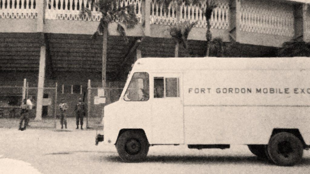 Pictured, a mobile exchange from Fort Gordon, Ga., stands ready to help troops deployed to Patrick AFB, Fla., during the Cuban missile crisis, 1962.