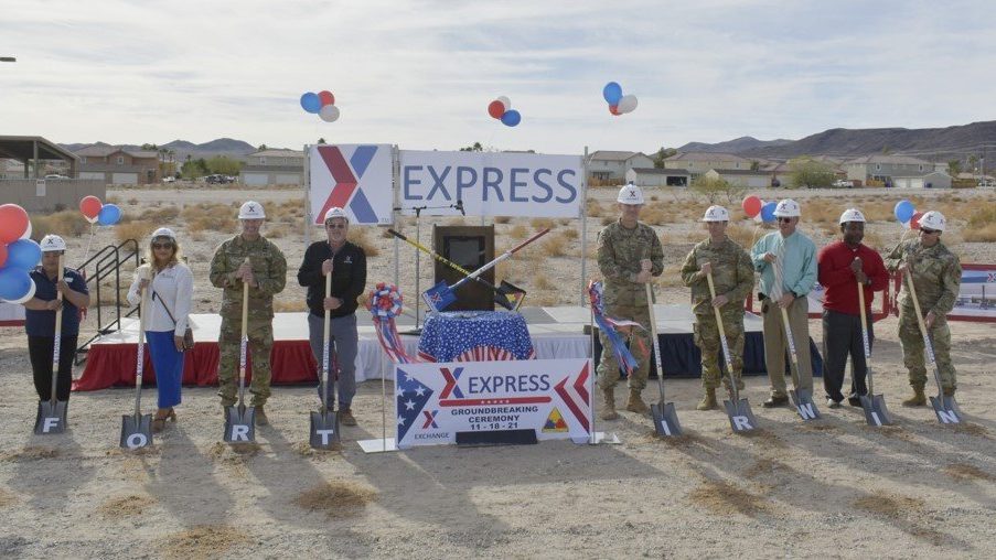 (L-R): Camille Gonzales (New Gas Station Facility Manager), Ladda Thomas (GM AAFES Fort Irwin), COL Korth, Kip (AAFES Command Engineer), Robert Rice (VP West Coast), BG Taylor, Curtis (Fort Irwin Post Commander), COL Clarke, Jason (Garrison Commander), Steven Ryan (Deputy Garrison Commander), Derrick Pace (Director DPW), CSM Fedorisin, Paul (Garrsion CSM).