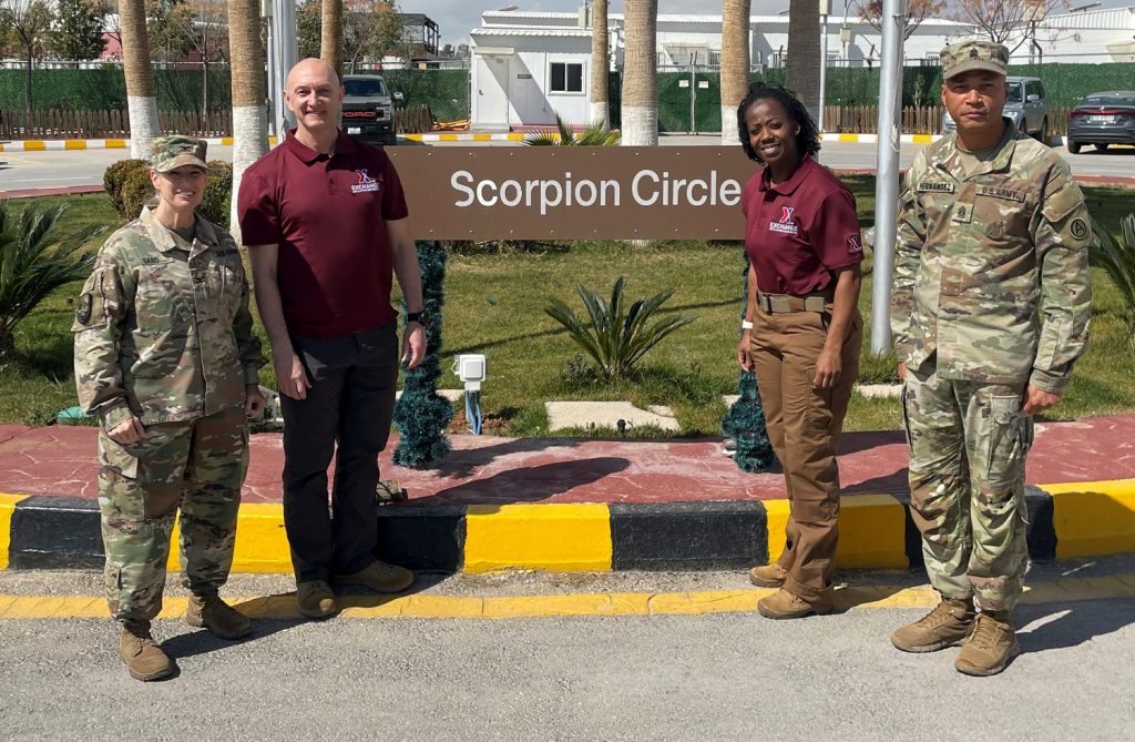 Exchange Europe/Southwest Asia Region Commander Col. Don Nowlin (second from left) and Exchange Europe/Southwest Asia Region Senior Enlisted Advisor Sgt. Maj. Lemakius Gardner (second from right) stand with Area Support Group-Jordan Commander Col. Toni Sabo (left) and Area Support Group-Jordan Command Sgt. Maj. Jose Hernandez (right) during their visit to the SWA region March 3-11