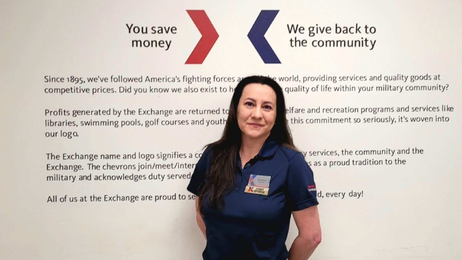 Claudia Cristina Leon, the shoe department supervisor at the Fort Belvoir Exchange, who has been with the Exchange for more than three years, wears a badge that tells customers and teammates that she’s an Army spouse.