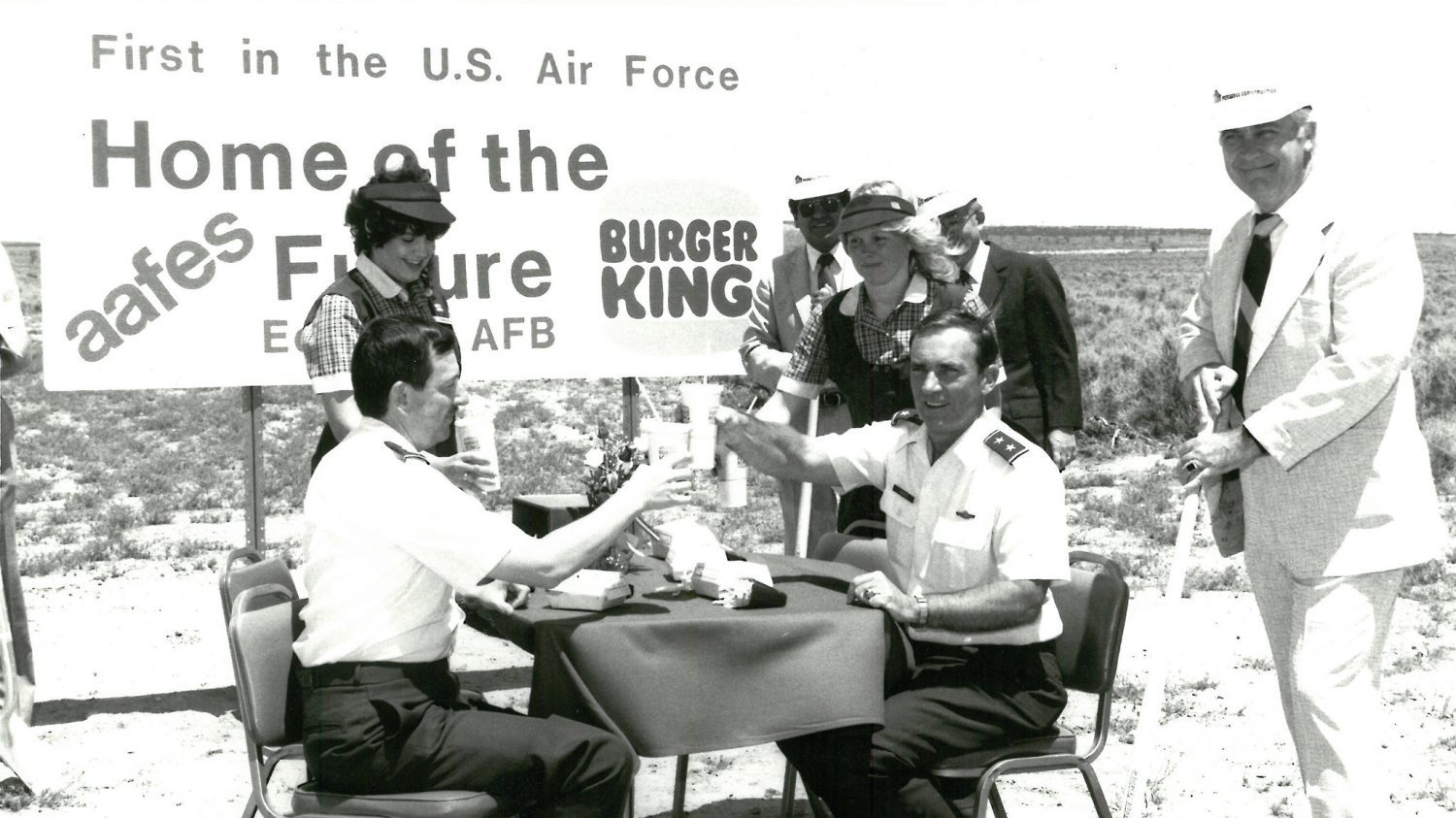 <b>installation commanders and AAFES managers at the groundbreaking of the first Burger King at California's Edwards AFB, circa 1985. The restaurant was the first Burger King on a U.S. Air Force base.</b>