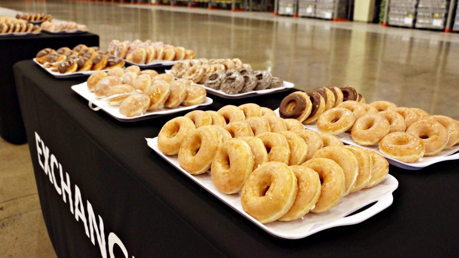 An assortment of doughnuts at the November 2021 grand opening of the bakery at U.S,. Army Garrison Humphreys in South Korea. The bakery produces Krispy Kreme doughnuts, a first for Korea Exchanges. 