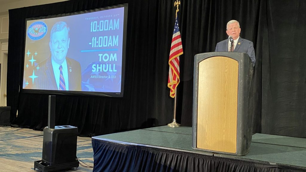 <b>Exchange Director/CEO Tom Shull speaks at the 75th annual American Logistics Association annual conference. This is ALA’s first in-person national convention since the COVID-19 pandemic.</b>