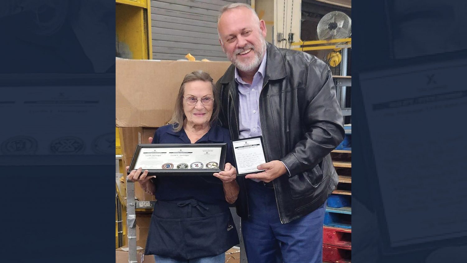 <b>Ronny Rexrode, Pacific Region Senior Vice President, presents Lucy Hennigar with Western Region and COO challenge coins. Hennigar, 87, began her Exchange career at the McClellan BX in October 1960.