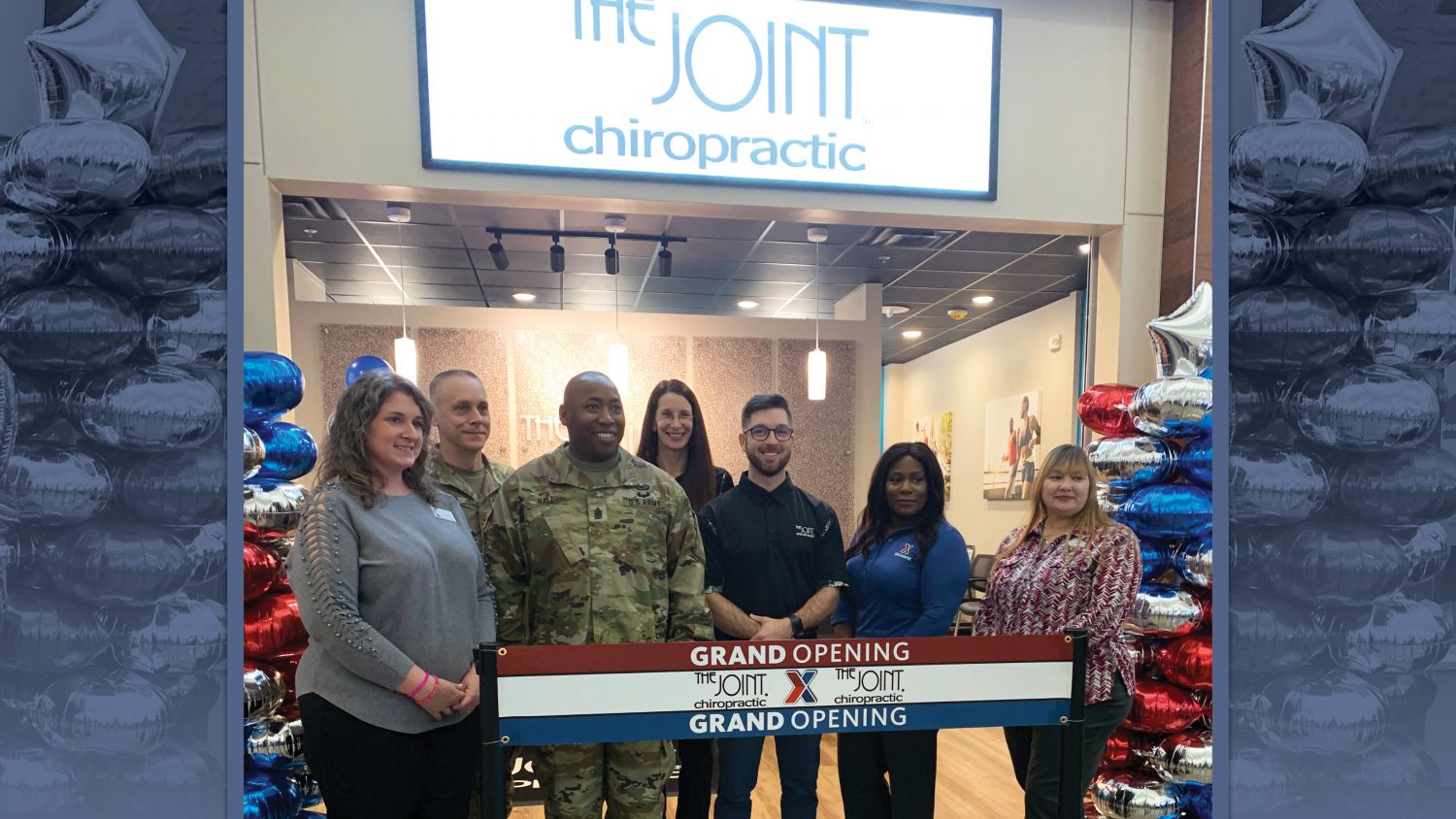 <b>From left: Exchange Assistant Services and Business Manager Tina Eakin, Col. Scott Stoke (Carl R. Darnell Medical), Garrison Command Sgt. Maj. Calvin Hall, Chiropractors Dr. Levi Curran and Dr. Robin Cole, General Manager Charlyne Morganfield, and Services and Business Manager Pamela Hunter gathered to cut the ribbon the Exchange’s third chiropractic clinic.</b>