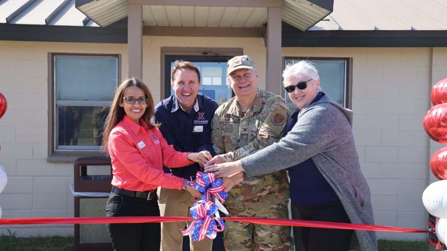 <b>Exchange leaders and the Gulfport Air National Guard Commander cut the ribbon on the renovated facility. From left: Exchange General Manager Madeline Salazar, Facility Manager Edward Jester, Gulfport Air National Guard Commander Col. Robert Kirby and NG Supervisor Kathleen Smith.</b>