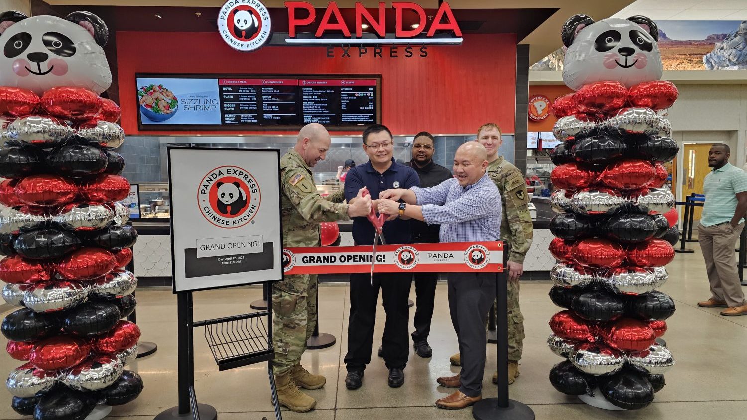 <b>From left, Fort Belvoir Garrison Commander Col. Joseph Messina, ELPX Restaurant Group Regional Manager Tony Liu, Panda Express Manager Kevon Smith, Fort Belvoir Exchange General Manager Alex Mamaril and Command Sgt. Maj. Daniel Hopkins cut the ribbon on the Exchange’s new Panda Express April 12.</b>