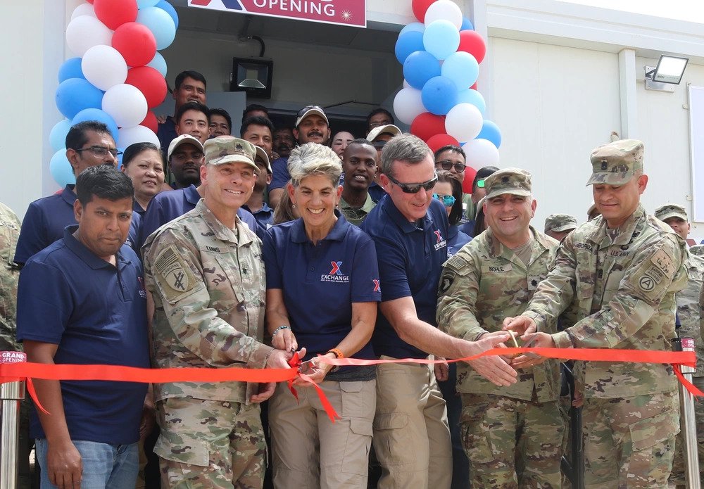 From left: Lt. Col. Brett Karns from the Army Directorate of Public Works, Kuwait/Jordan Exchange General Manager Beth Goodman-Bluhm, Exchange Southwest Asia Regional Vice President James Clark, Area Support Group – Kuwait Base Support Battalion Commander Lt. Col. Chris Nohle and Senior Enlisted Leader Sgt. Maj. Ruben F. Borja.