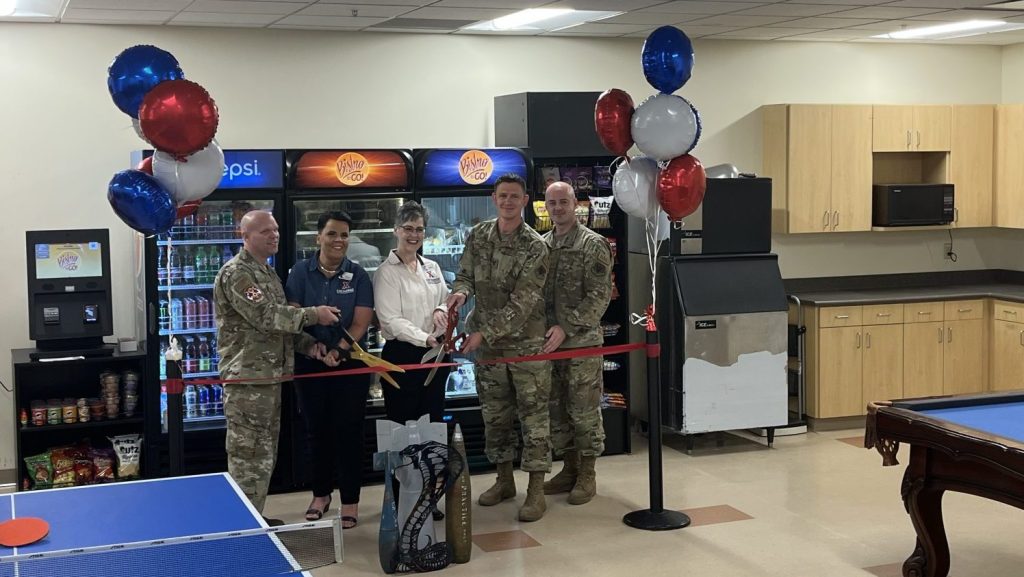 <b>388th Munitions Squadron Senior Enlisted Leader Chief Master Sgt. William Ipock; Hill Exchange Services Business Manager Bianca Williams; Hill Exchange General Manager Tammy Hairston; 388th Munitions Squadron Commander Maj. Kyle Clemens; and Munitions Support Equipment Maintenance Production Supervisor Tech. Sgt Justin Moore..</b>