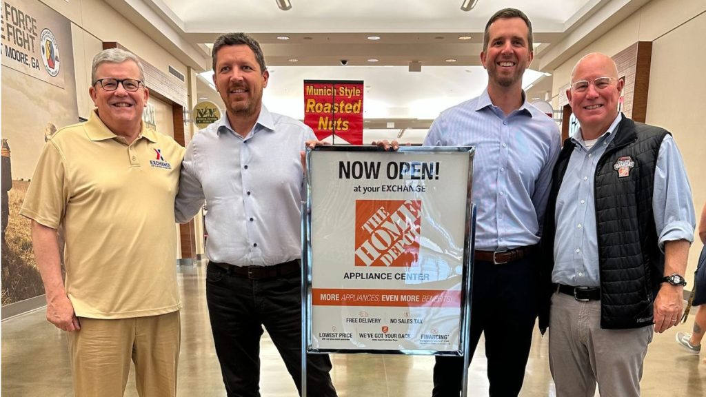 <b>From left: Exchange Director/CEO Tom Shull; Mark Kaasa, Merchandising VP, Major Appliances, The Home Depot; Jeff Watchko - DMM, Major Appliances, The Home Depot; and Ted Decker, The Home Depot Chair, President and CEO; visited Fort Moore in June.</b>