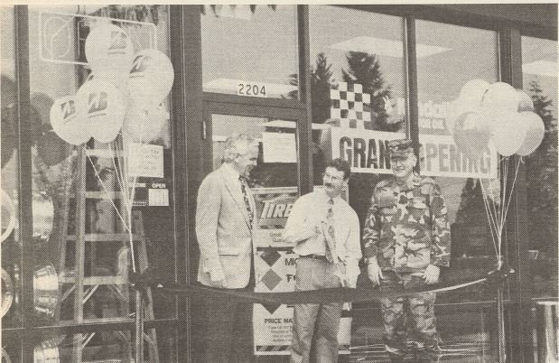 <b>In this 1993 Exchange Post photo, Fort Lewis Exchange General Manager Jack Bego, left, Firestone Store Manager Michael Zahringer and Director of Personnel and Community Activities Col. James Crabbe officiate at the grand opening of the Firestone MasterCare Car Center at Fort Lewis.</b>