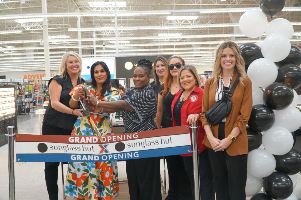 <b>Fort Cavazos Exchange became one of the first Curated By Sunglass Hut shop-in-shop locations with an Aug. 11 ribbon cutting. From left: Exchange Divisional Merchandise Manager Alicia Dewar, Divisional Merchandise Manager Sylvia Smitherman, Fort Cavazos Exchange General Manager CJ Morganfield, Store Manager Maria Berrios Borges and Softlines Vice President Marissa Carpenter. In back: Sunglass Hut Experts Terri Sims and Judy Marquez.</b>