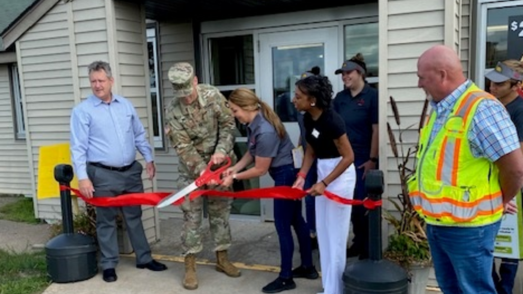 <b>Exchange leaders and Camp Ripley Command cut the ribbon on the new Taco John's. From left: Fort McCoy General Manager Douglas Everett, Captain Brandon Bostic, Taco John's Owner Cassie Baum, Fort McCoy Services & Business Manager Shaniqua Catlett and Jeff Turner.</b>