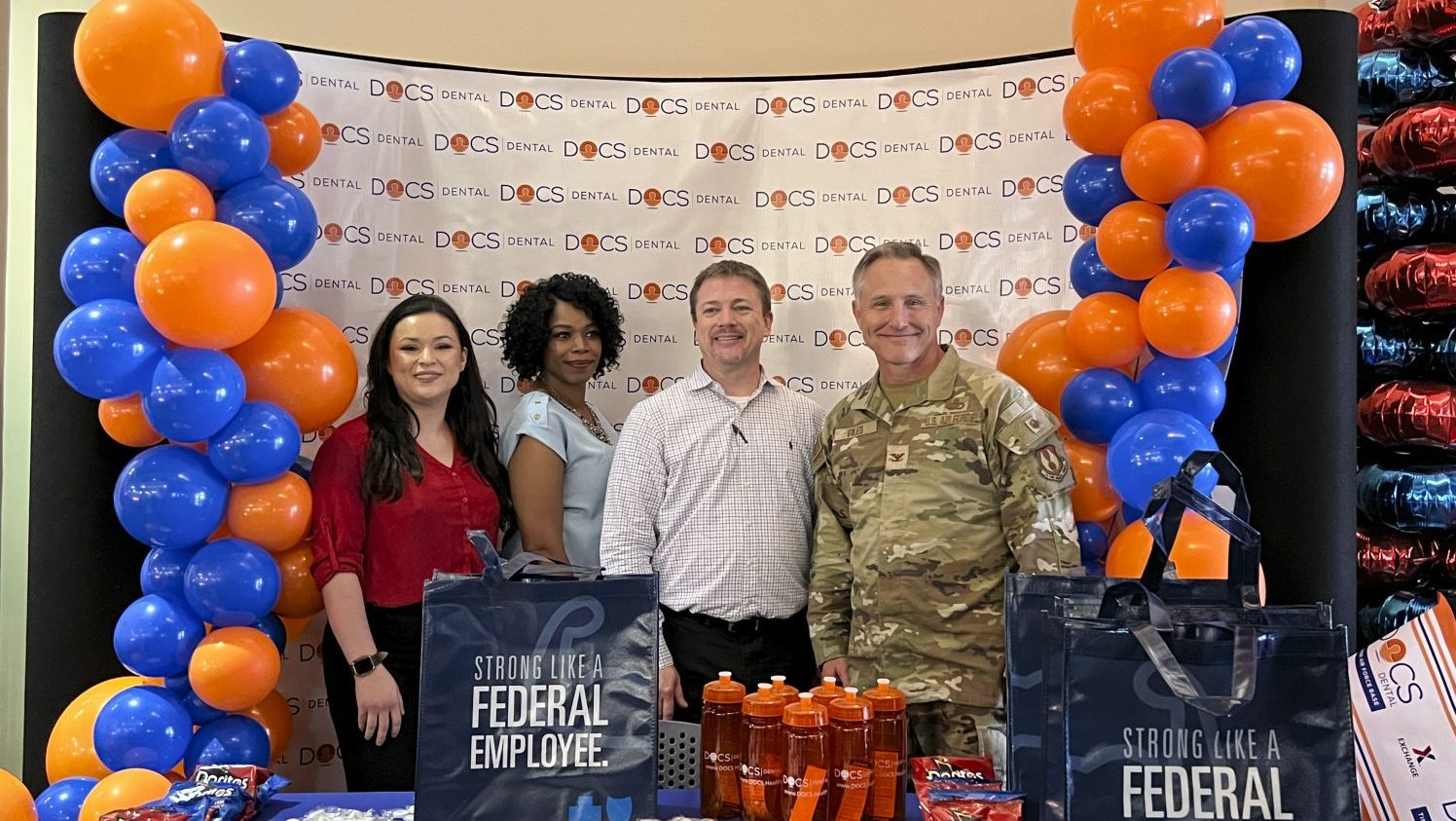 <b>Tinker AFB Exchange welcomed the 19th DOCS Dental location. From left: South West Regional DOCS Manager Brenda MacSwan, Services Business Manager Kim Woodard, General Manager Charles Eaves and 72nd Air Base Wing Deputy Commander Col. Tom Giles.</b>

