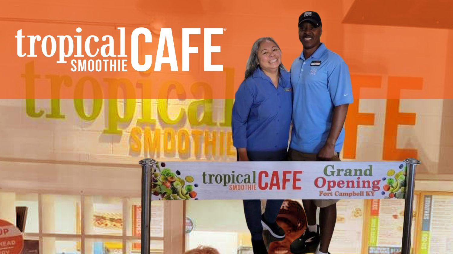 Fort Campbell welcomed Tropical Smoothie to the dining lineup. Restaurant owner and Veteran Paul Rhodes and his wife Armi are pictured at the grand opening.

