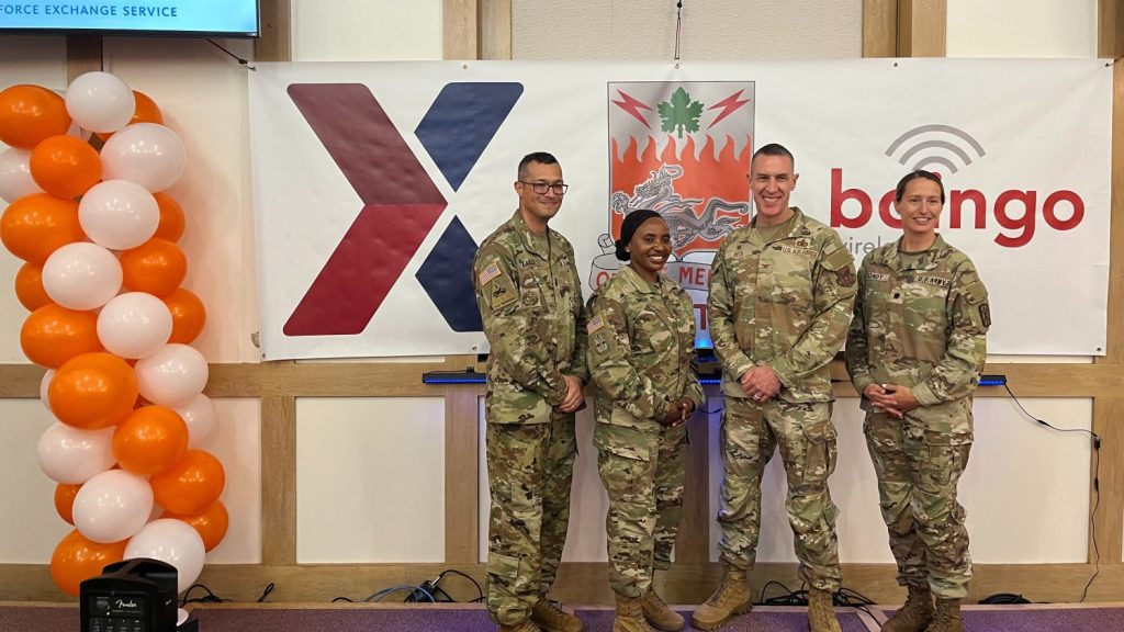 From left: Command Sgt. Maj. Mahoma Tello, 307th Expeditionary Signal Battalion – Enhanced; Sgt. Maj. Generose Green, Exchange Pacific Region senior enlisted advisor; Col. Jason Beck, Exchange Pacific Region commander; Lt. Col. Izabella Lundy, 307th Expeditionary Signal Battalion – Enhanced commander