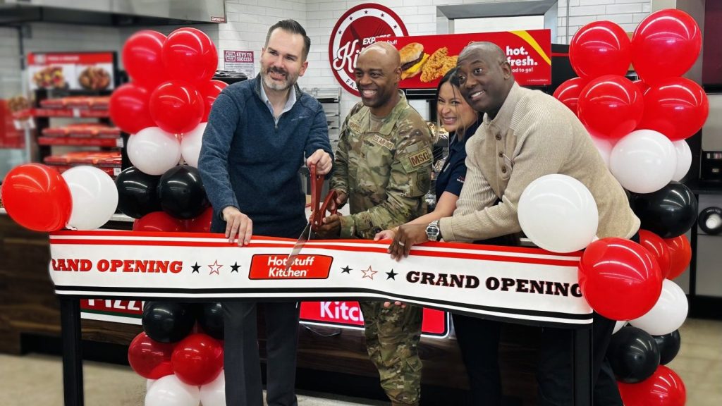 <b>: From left: Military Business Operations Manager Sean Easlick, Col. Hemphill, Express Manager Jessica Perez Sotelo, and Wilson.</b>