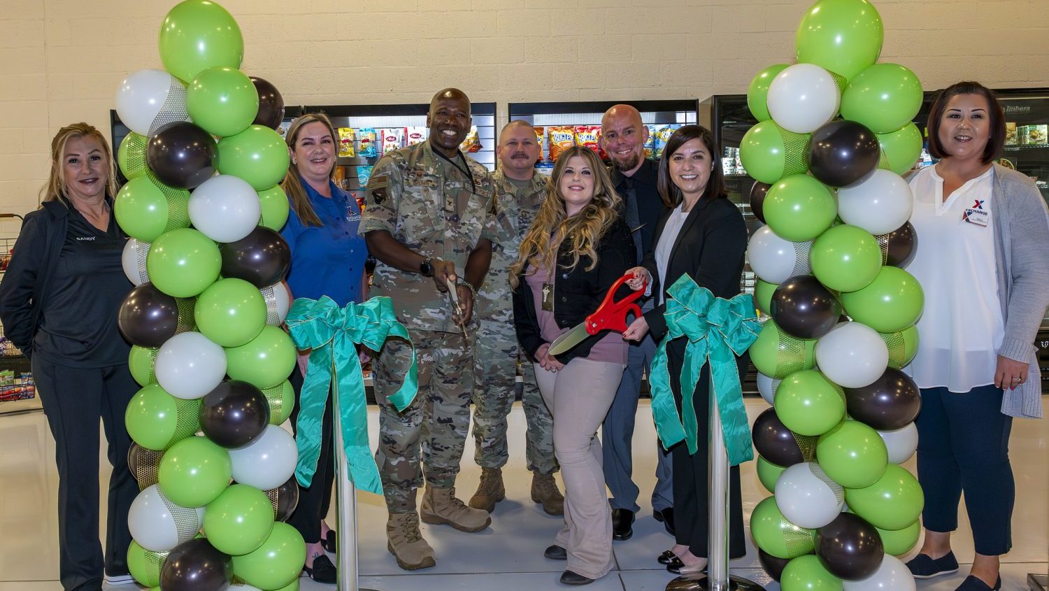 <b>From left: Sandy Wiebort, Star Vending manager; Courtney Escobedo, Exchange general manager; Col. Ahave Brown, 412th Maintenance Group commander; Joseph Holdcroft, 412th Maintenance Group senior enlisted leader; Melissa Albright, Robert White and Meliza Norwood, Chief Vanguard Program members; and Tiffany Duque, services business manager.</b>