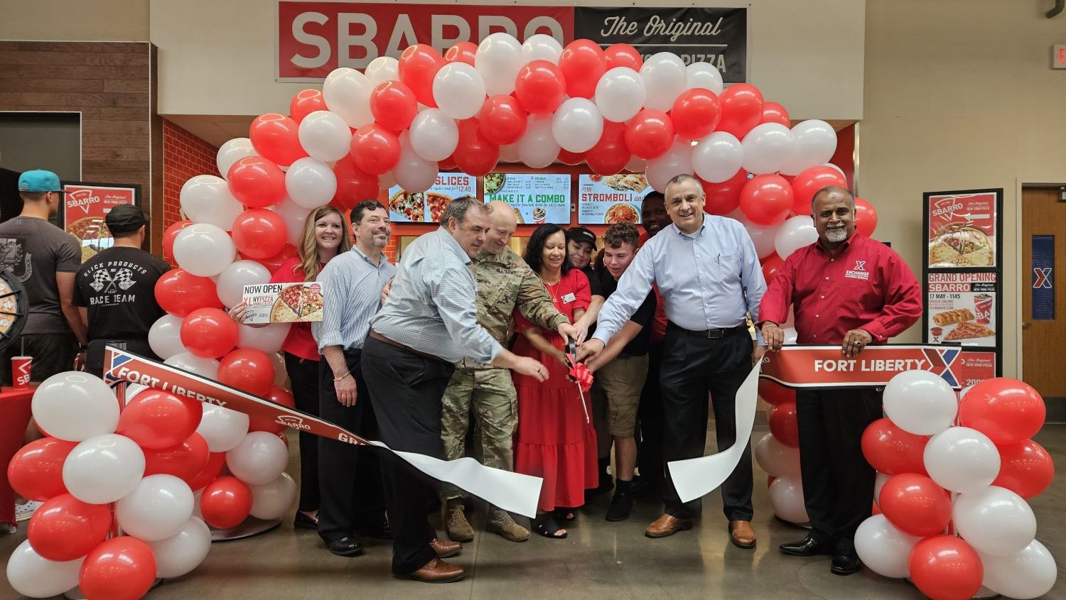 <b>From left: Teri Weaver, senior Manager, Brand Marketing at Sbarro; , marketing
Harry Eradi, Sbarro Sr. Director of Training and New Store Operations
Roberto Orsillo-VP of Operations-ER
Garrison Commander-Col Wilcox
SBM-Cheryl Chevis
Mike Abusway, SVP North America Operations
Thomas Kuttamperoor-GM
