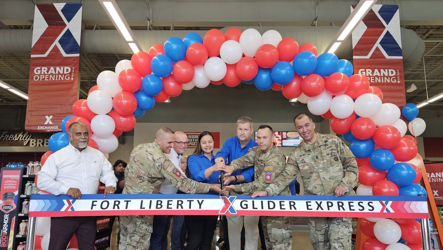 <b>from left: Exchange General Manager Thomas "TK" Kuttamperoor, Command Sgt. Maj. Randolph Delapena, 82nd Airborne Division Command Sgt. Major Exchange East Central VP Chris Holifield, Exchange Retail Business Manager Pilar Pendergrass, Store Manager Brian Burge, Brig. Gen. Jason Williams, 82nd Airborne Division Deputy Commanding General of Support, Fort Liberty Garrison Command Sgt. Maj. Gregory Seymour.</b>