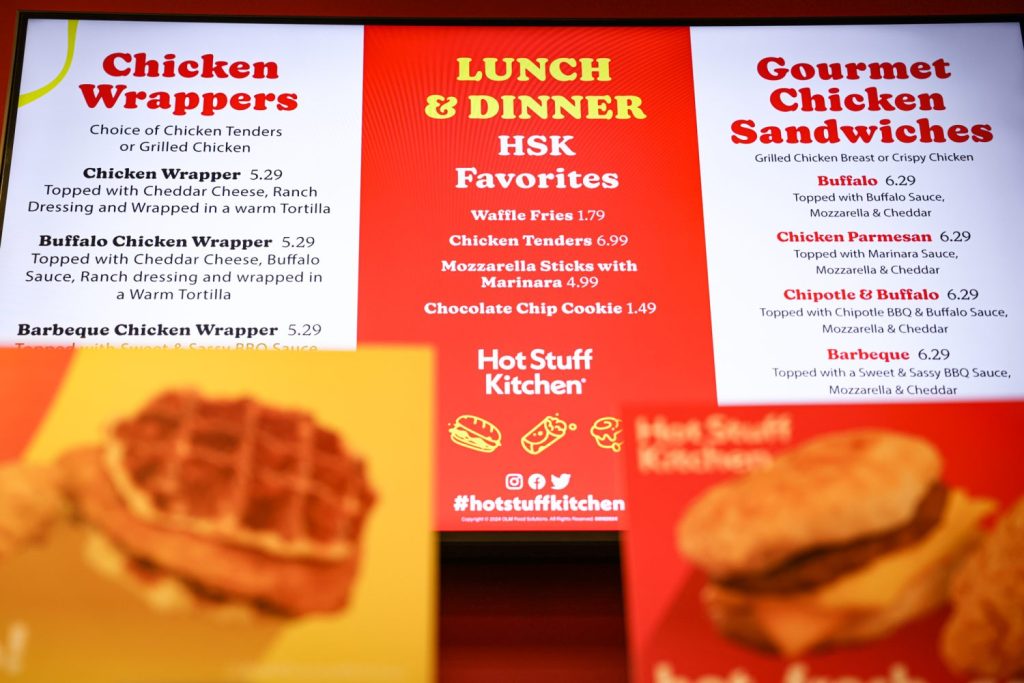 Hot Stuff Kitchen menu, including Chicken Wrappers, Lunch & Dinner Favorites and Gourment Chicken Sandwiches, all for under $7.