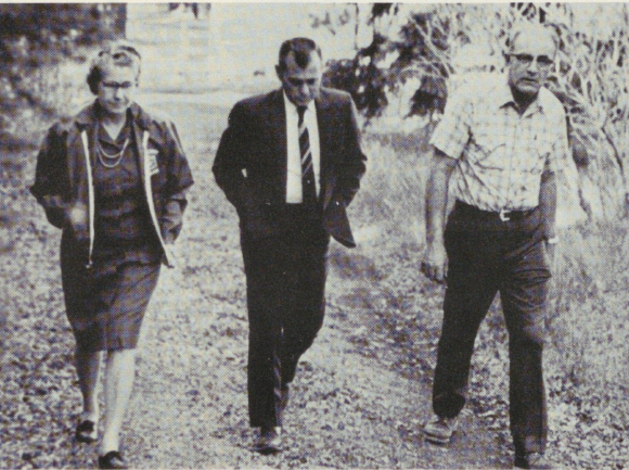 Exchange associates Marie and Hubert Cope flank Holloman AFB Exchange General Manager James Shannon during a tour of the Sacramento Peak Observatory in southern New Mexico in 1972.